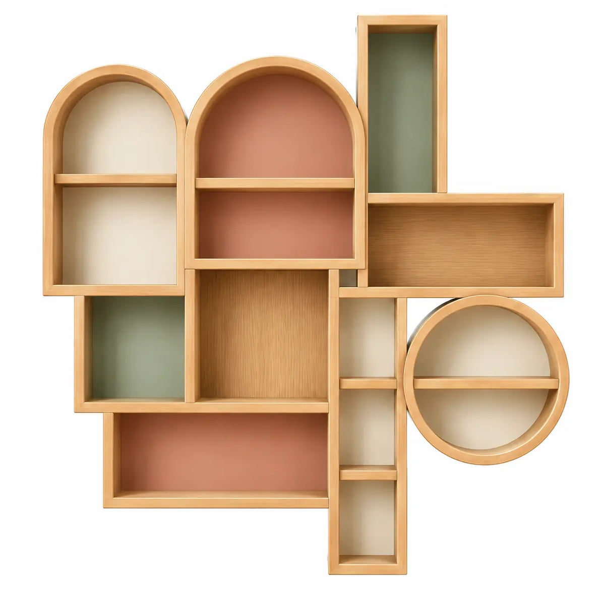 Étagère murale à niches géométriques ouvertes, beige, rose et vert