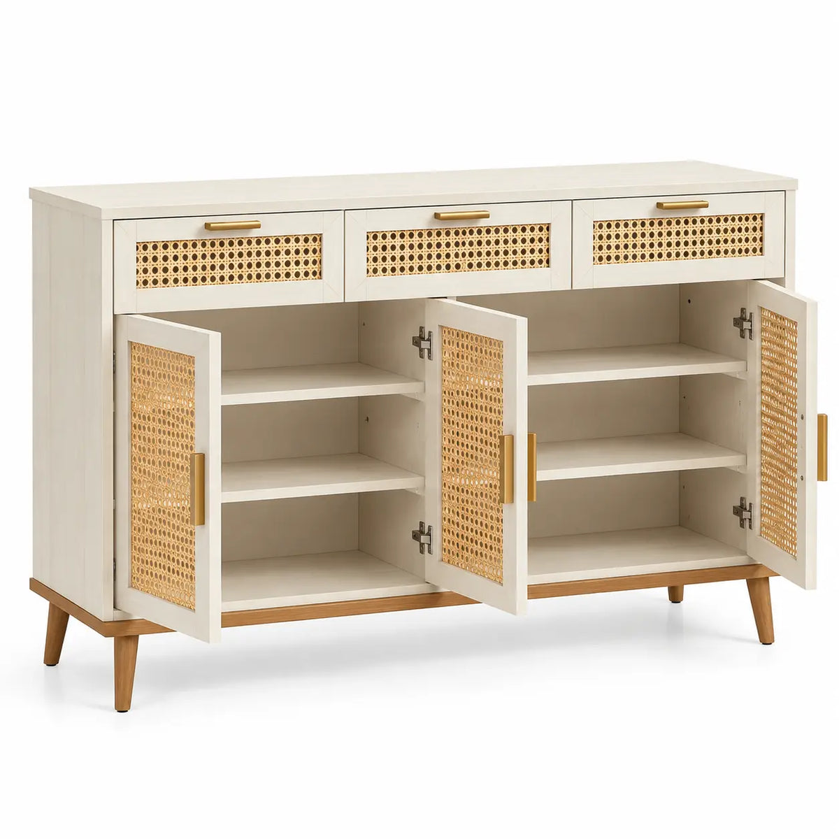 Buffet à trois tiroirs et trois portes ajourées, blanc et beige