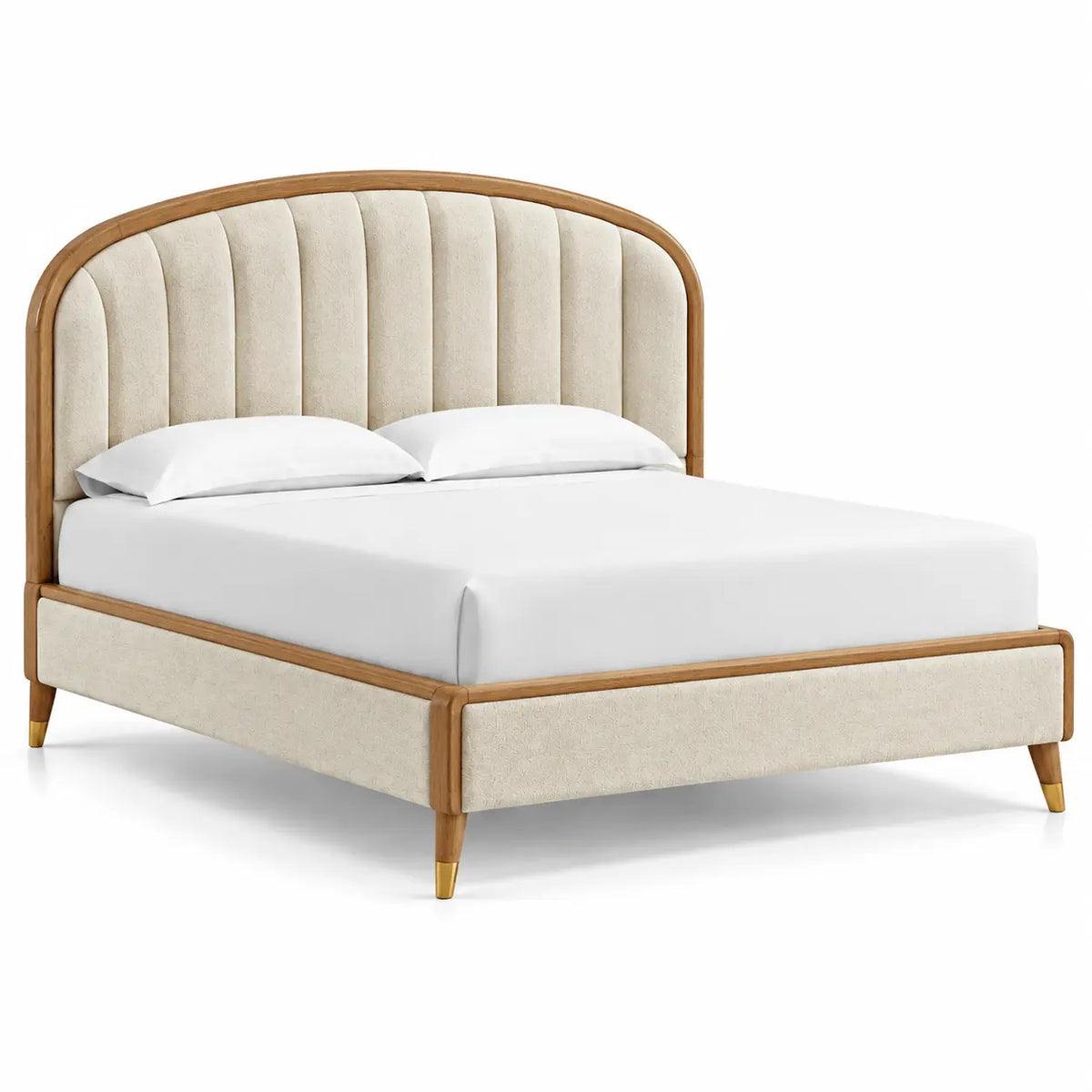 Cadre de lit à tête cintrée rembourrée et bordure beige, blanc cassé