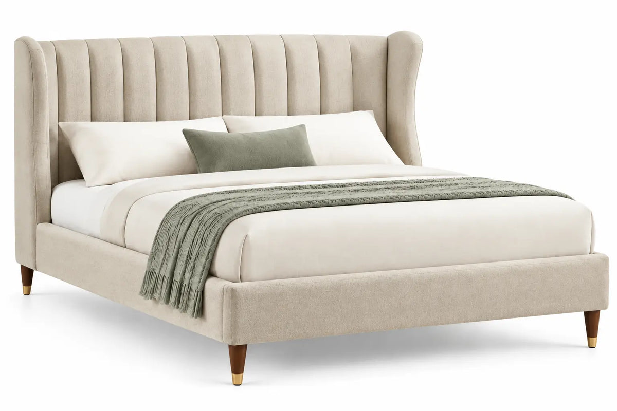 Cadre de lit rembourré à tête haute et côtés enveloppants, beige