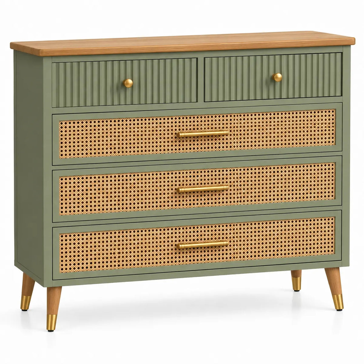 Commode à cinq tiroirs, façades ajourées et pieds inclinés, vert et beige