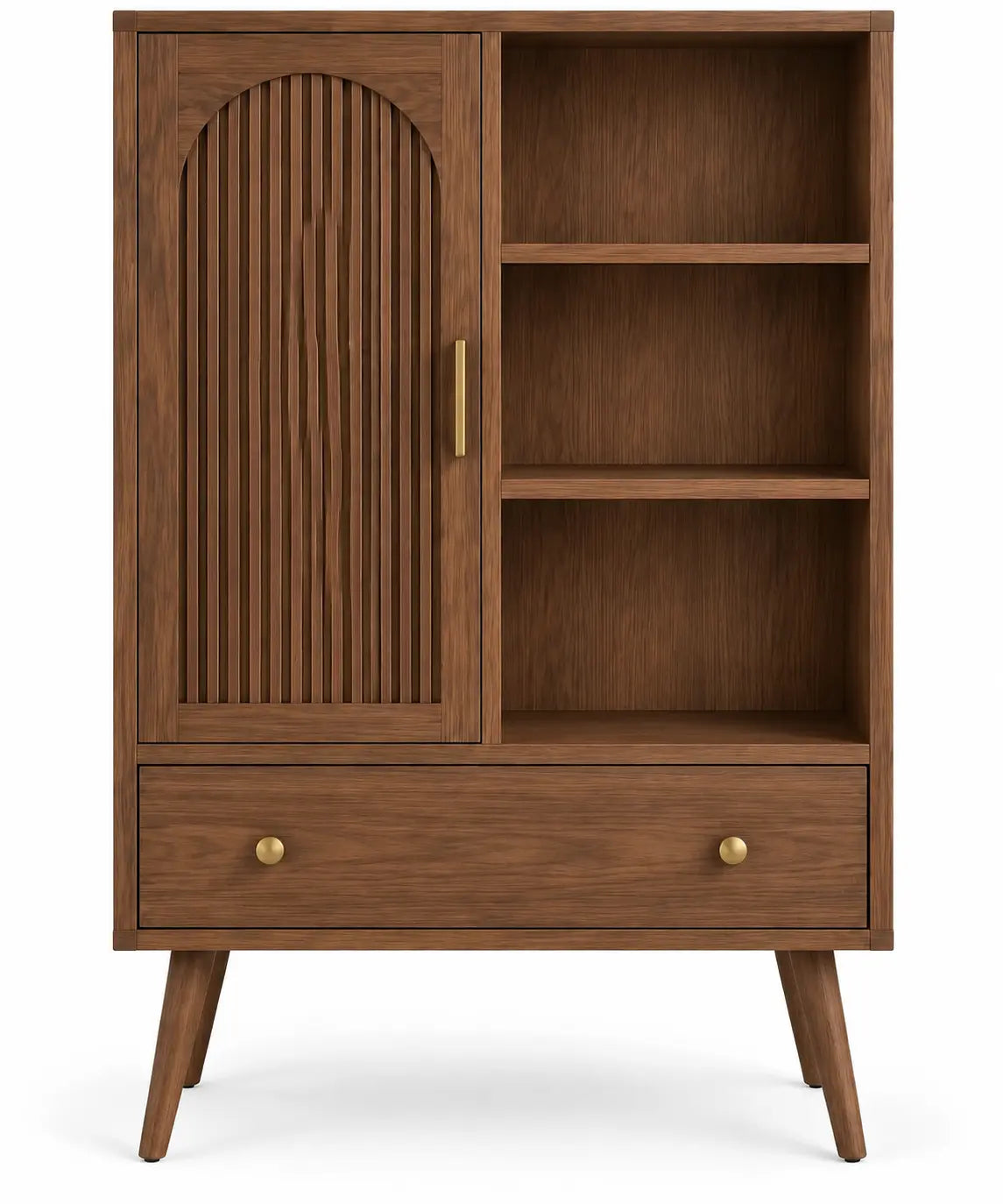 Bibliothèque à porte rainurée, niches et tiroir inférieur, marron