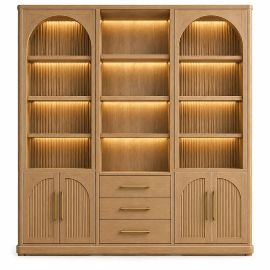 Grande bibliothèque à niches cintrées, deux portes et trois tiroirs, beige