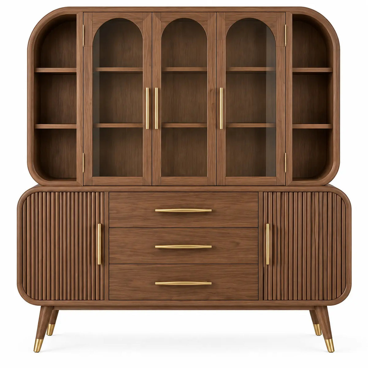 Buffet vaisselier arrondi à portes vitrées et trois tiroirs, marron