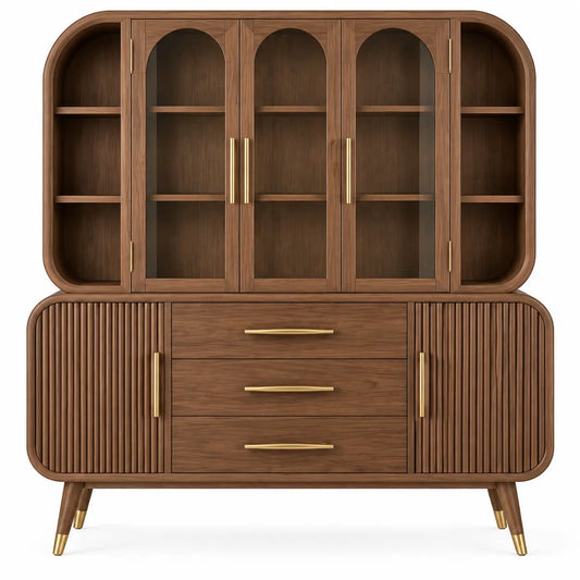 Buffet vaisselier arrondi à portes vitrées et trois tiroirs, marron
