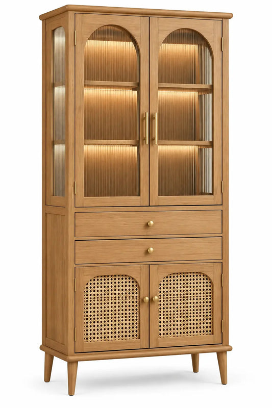 Vaisselier étroit à portes vitrées, tiroirs et façades ajourées, beige