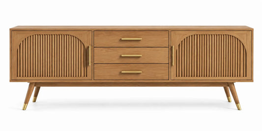Buffet bas à portes rainurées et trois tiroirs centraux, beige et doré
