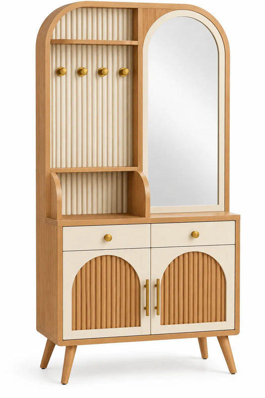 Meuble d'entrée avec miroir cintré, patères et rangement bas, beige et blanc
