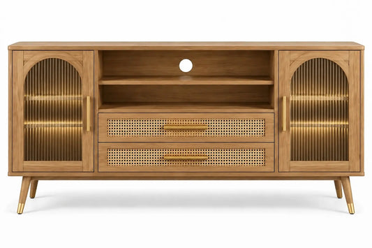 Meuble de télévision à portes vitrées, niches et deux tiroirs, beige