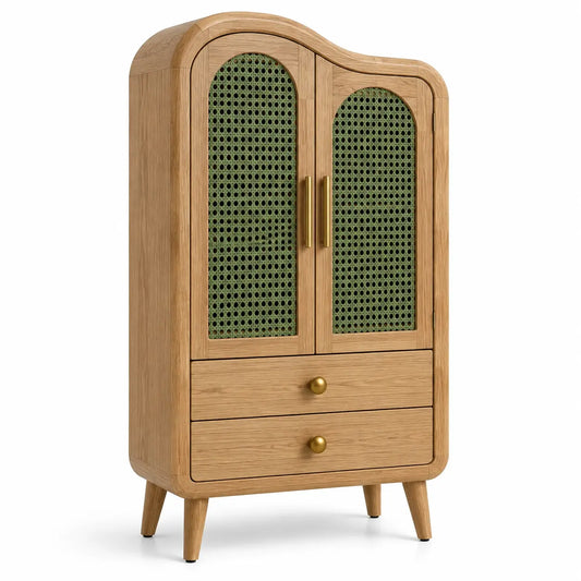 Armoire arrondie à deux portes ajourées et deux tiroirs, beige et vert