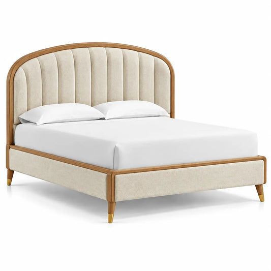 Cadre de lit à tête cintrée rembourrée et bordure beige, blanc cassé