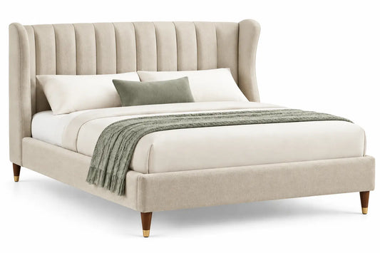Cadre de lit rembourré à tête haute et côtés enveloppants, beige